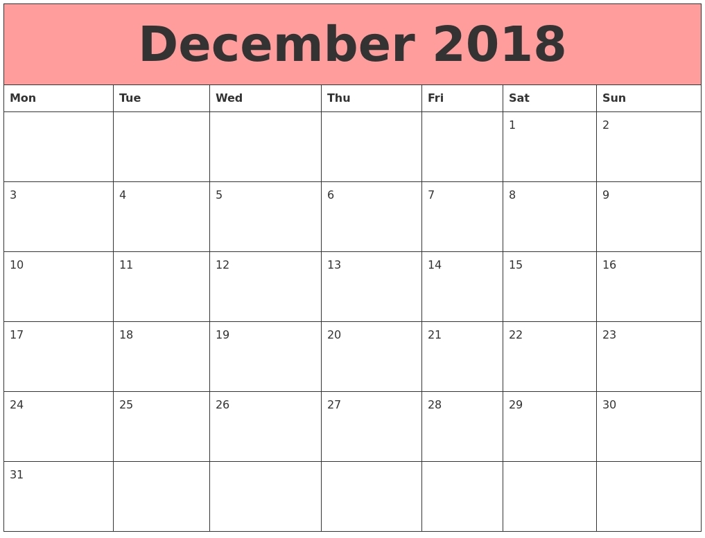 Printable Calendar December 2018 Monday Start | Calendar-Calendar Template Monday Start