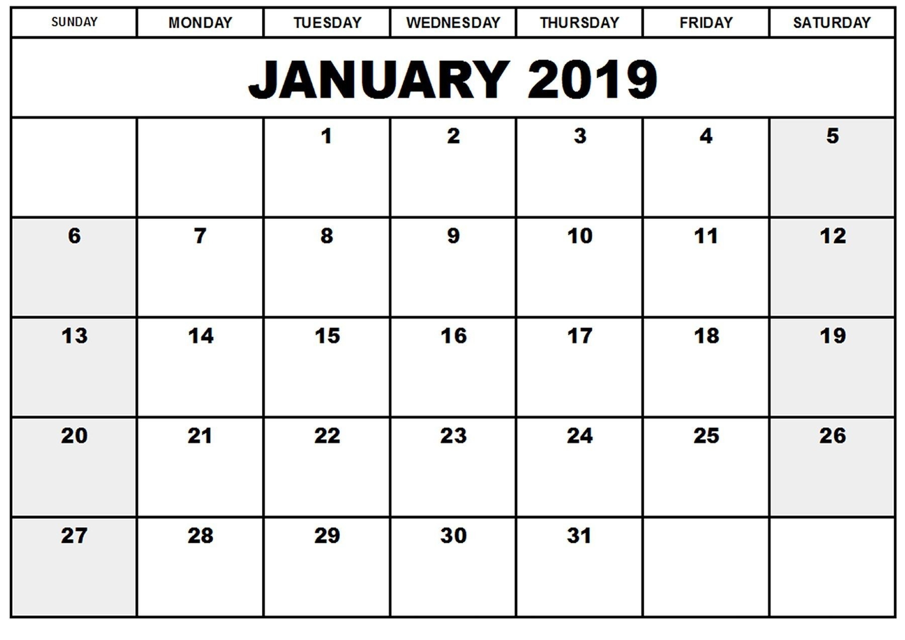 Printable Calendar January 2019 | Blank January 2019-Countdown Calendar Template Printable