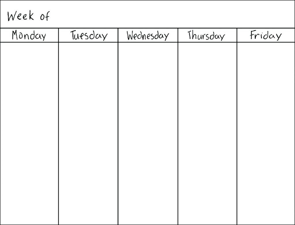 monday through friday template calendar template printable