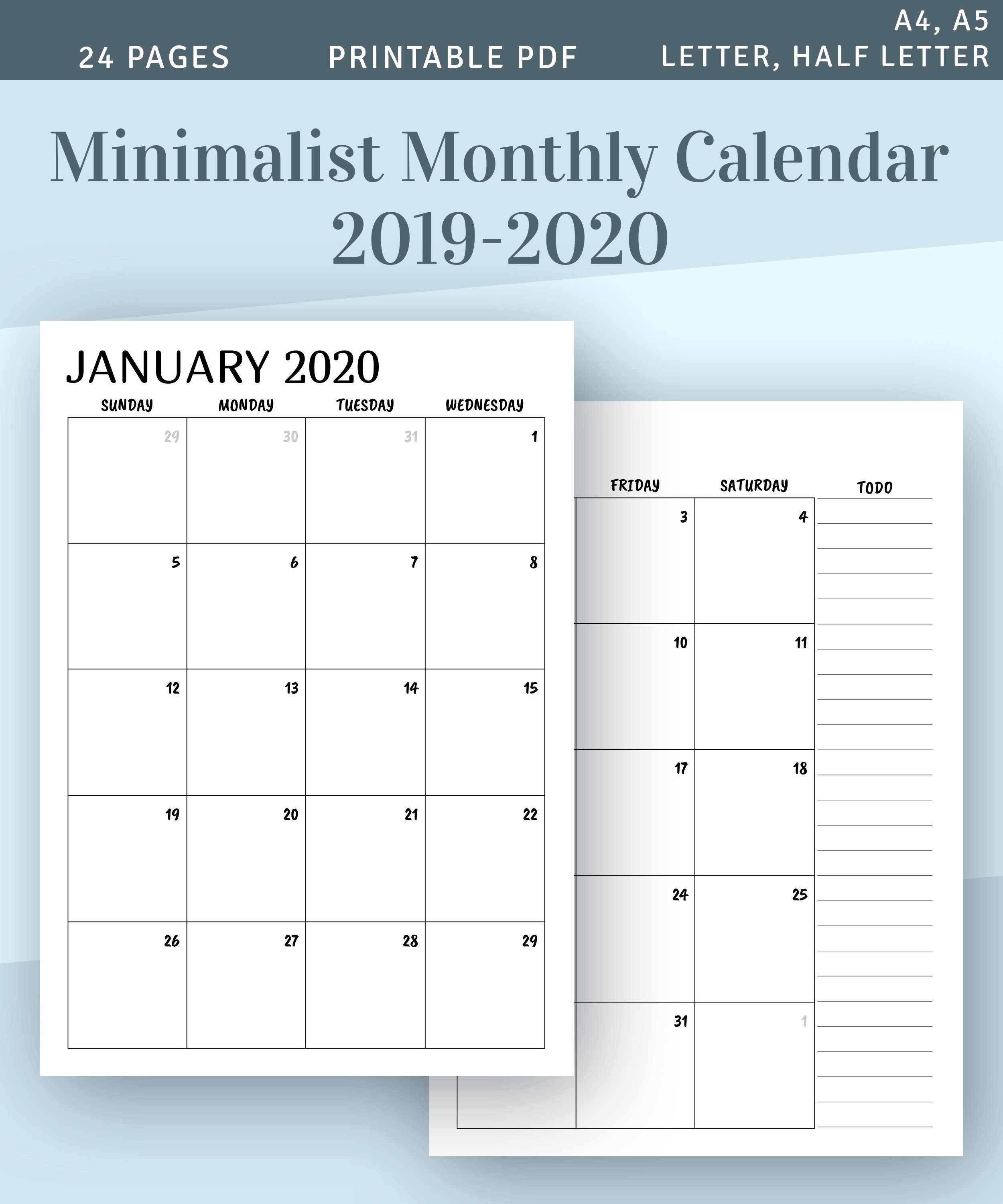 Printable Calendar Monthly 2019 2020, Month On Two Page Planner, Minimalist  Printable Monthly Calendar Template, Year Calendar Pdf Insert-Two Page Monthly Calendar 2020