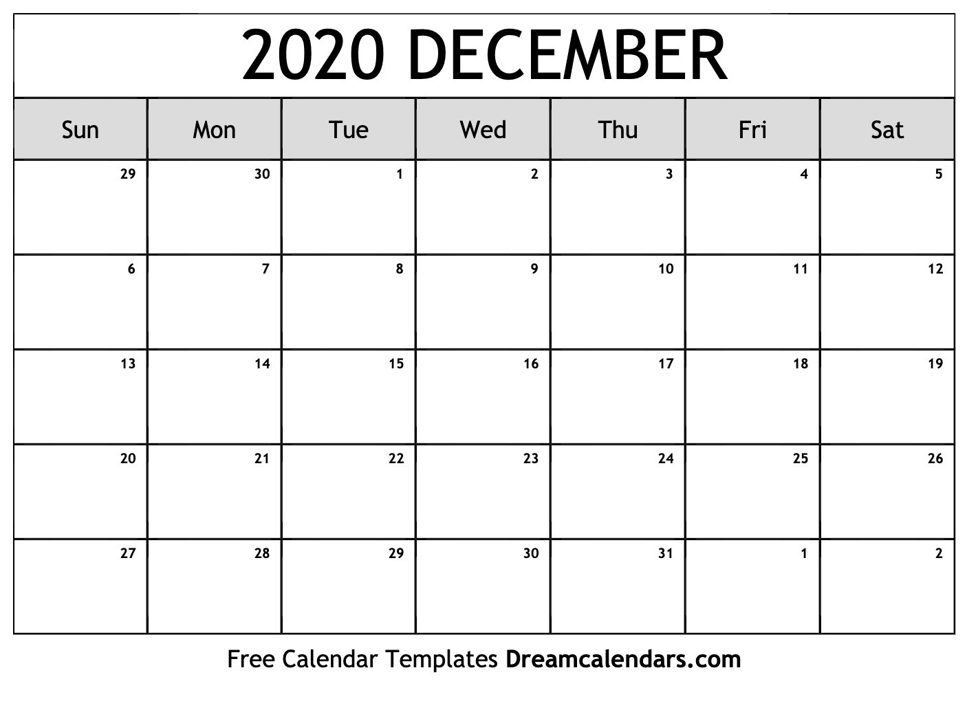 Printable December 2020 Calendar-2020 Printable Calendar Templates Free