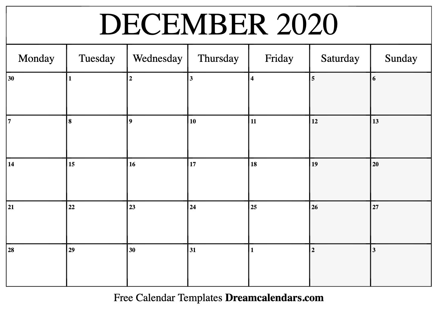 Printable December 2020 Calendar-Monday Through Friday September Calendar Template 2020