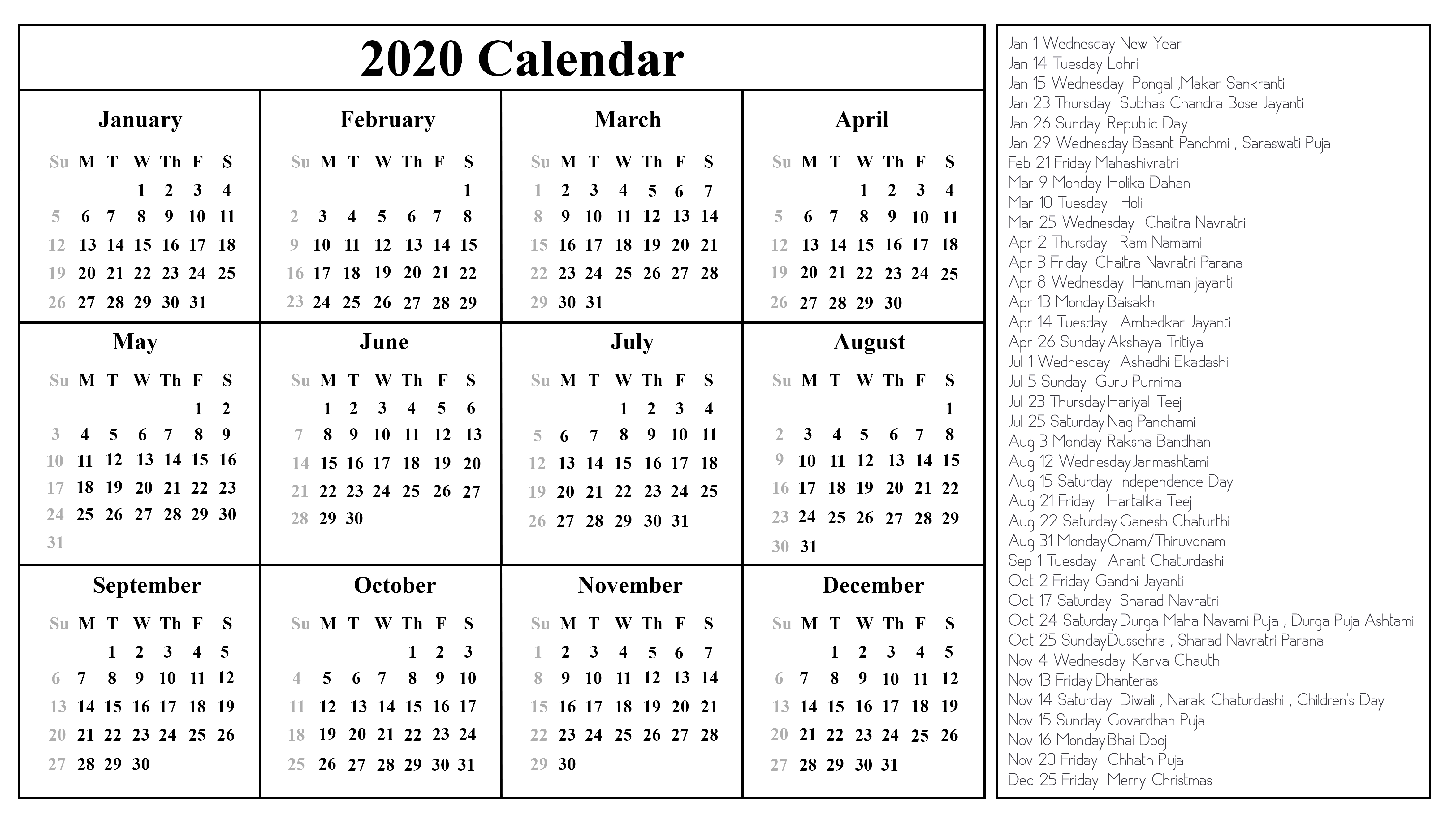 Printable Free Download Indian Calendar 2020 [Pdf, Excel-Printable 2020 Holidays India