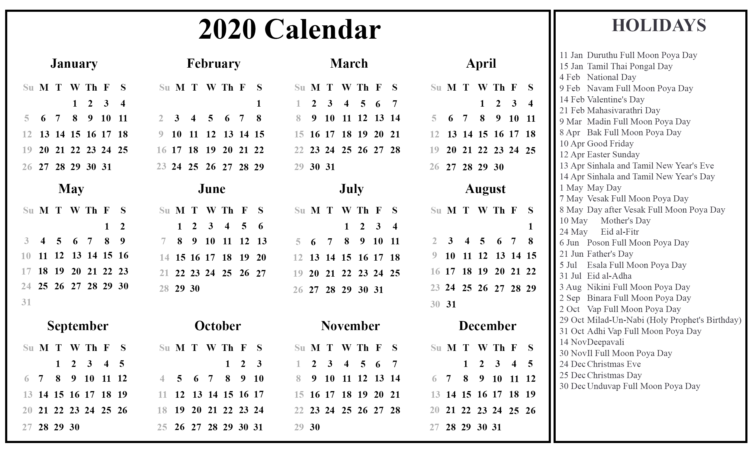 Printable Free Download Sri Lanka Calendar 2020 [Pdf, Excel-2020 Calendar Photo Holidays