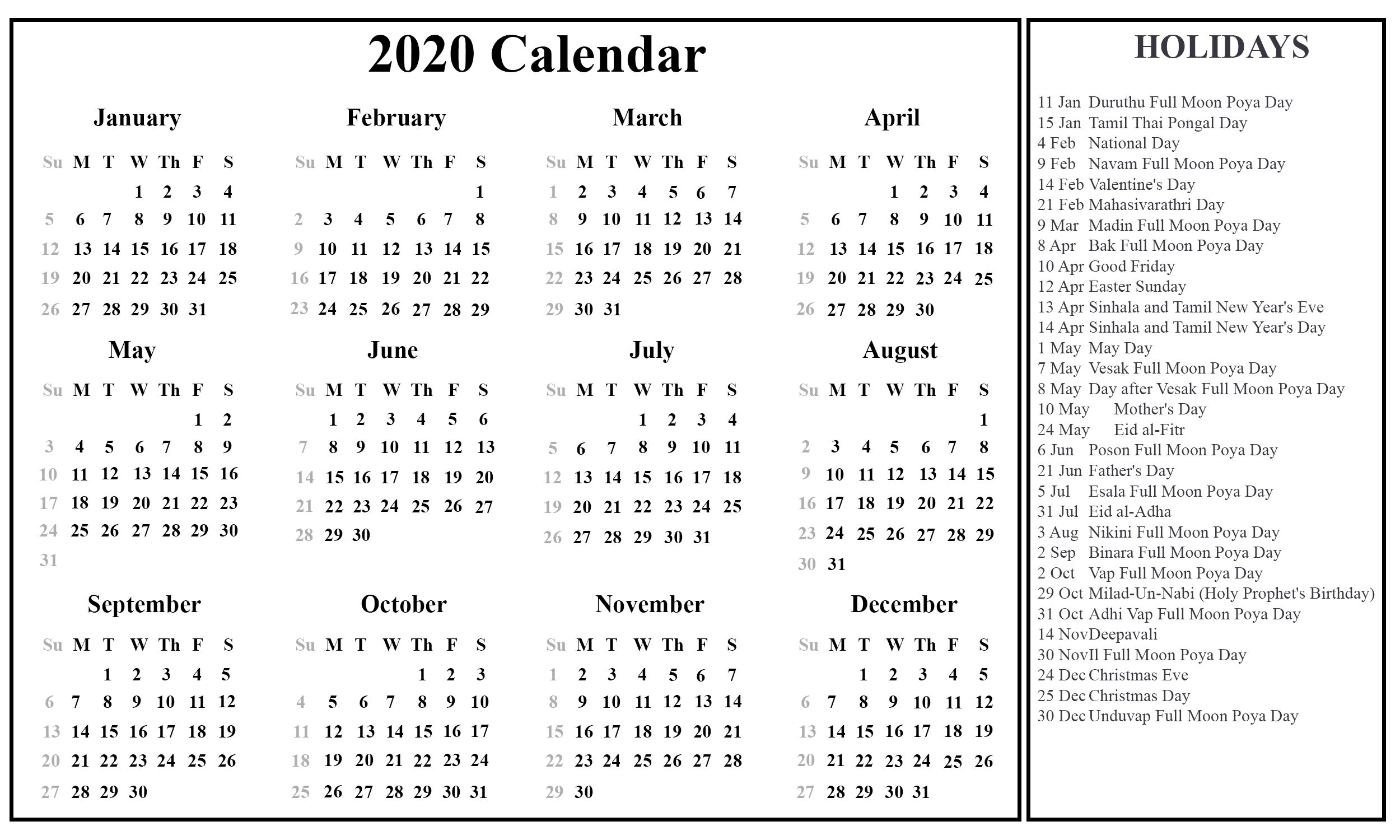 Printable Free Download Sri Lanka Calendar 2020 [Pdf, Excel-2020 Calendar With Holidays