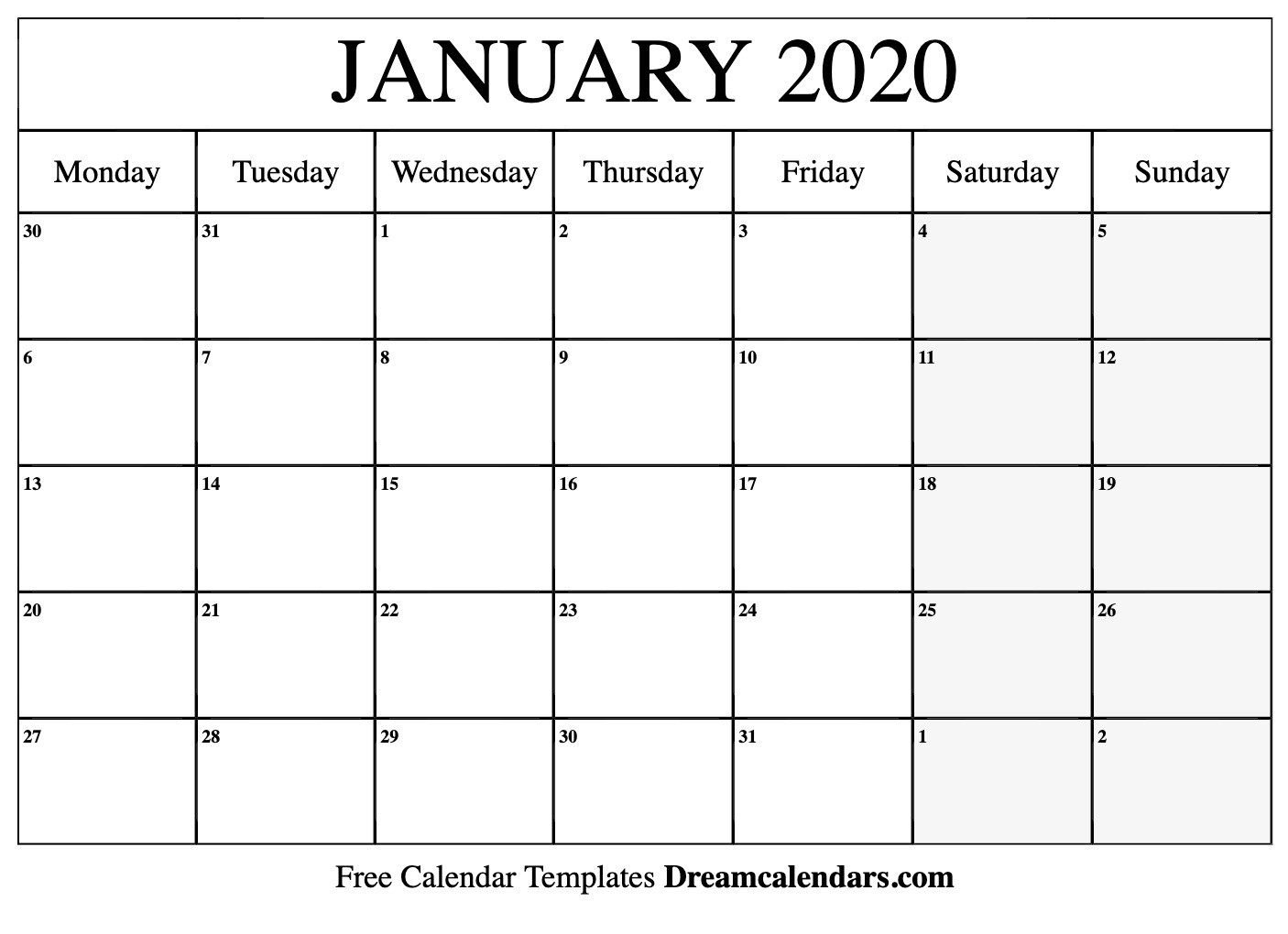 Printable January 2020 Calendar-Blank January 2020 Calendar