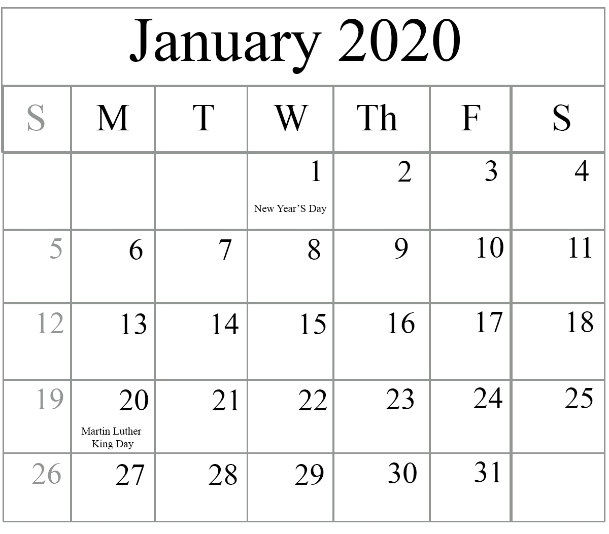 Printable January 2020 Calendar Canada-January 2020 Calendar Canada