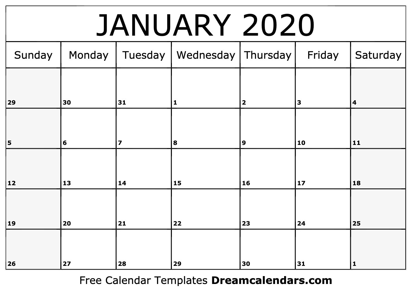 Printable January 2020 Calendar-Free Printable January 2020 Calendar Template