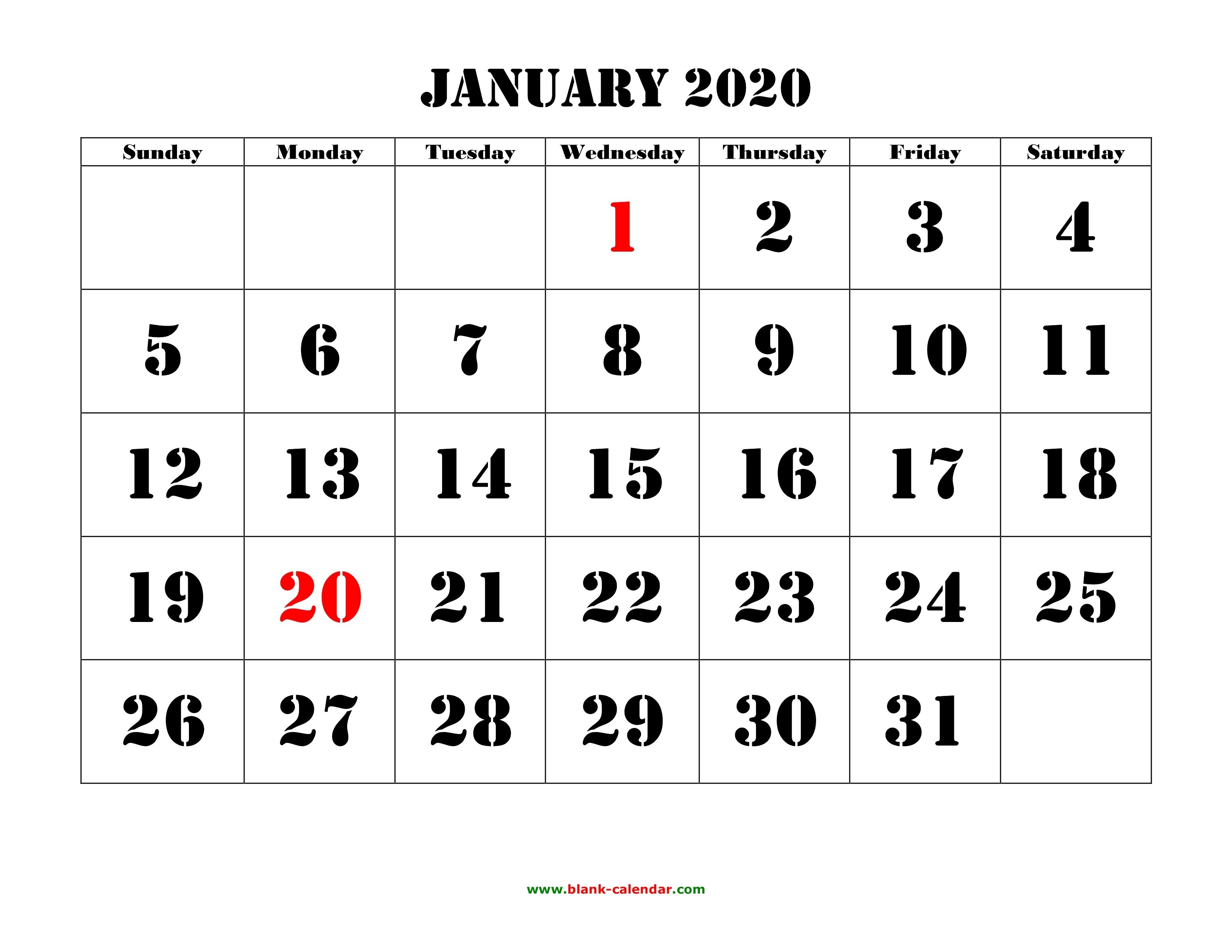 Printable January 2020 Calendar Large Font | Jcreview-Large January 2020 Calendar