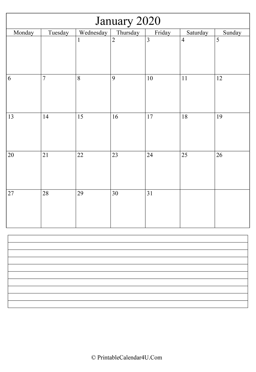 Printable January Calendar 2020 With Notes (Portrait)-January 2020 Fillable Calendar