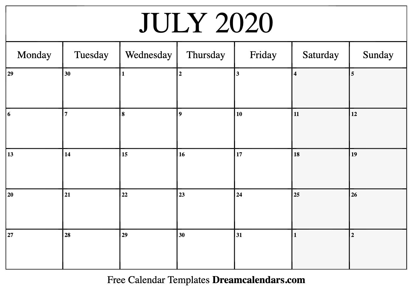 Printable July 2020 Calendar-2020 Free Monthly Printable Calendar Monday Thru Friday