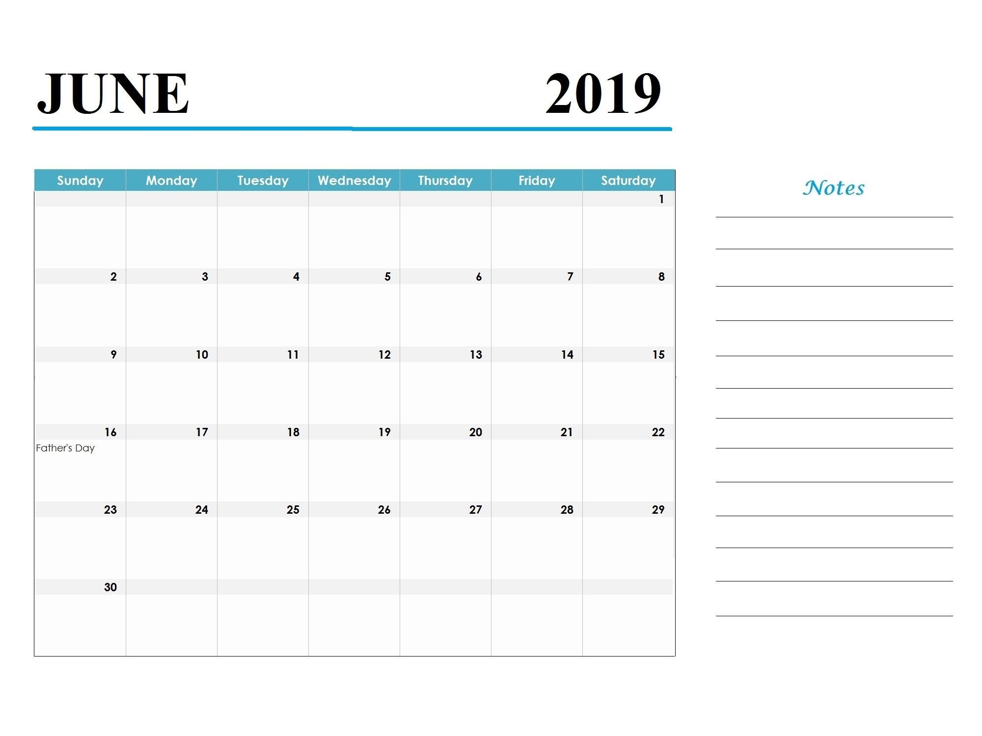 Printable June 2019 Calendar Template Word Document-Printable Calendar Template With Notes