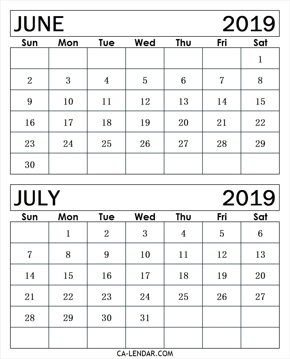 Printable June And July 2019 Calendar Monthly Templates-Month Of June And July Blank Calendar