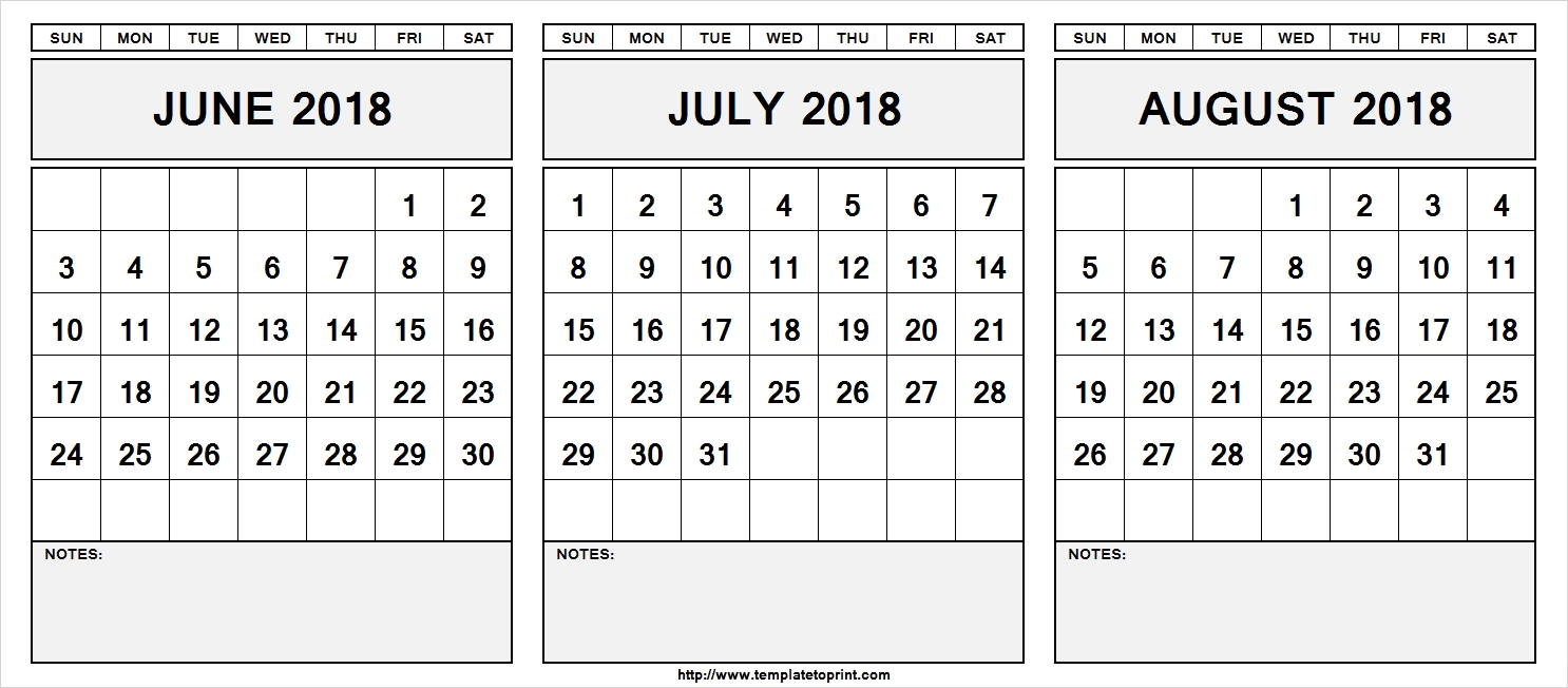Printable June July August 2018 Calendar Template | 3 Month-Blank June July August Calendar