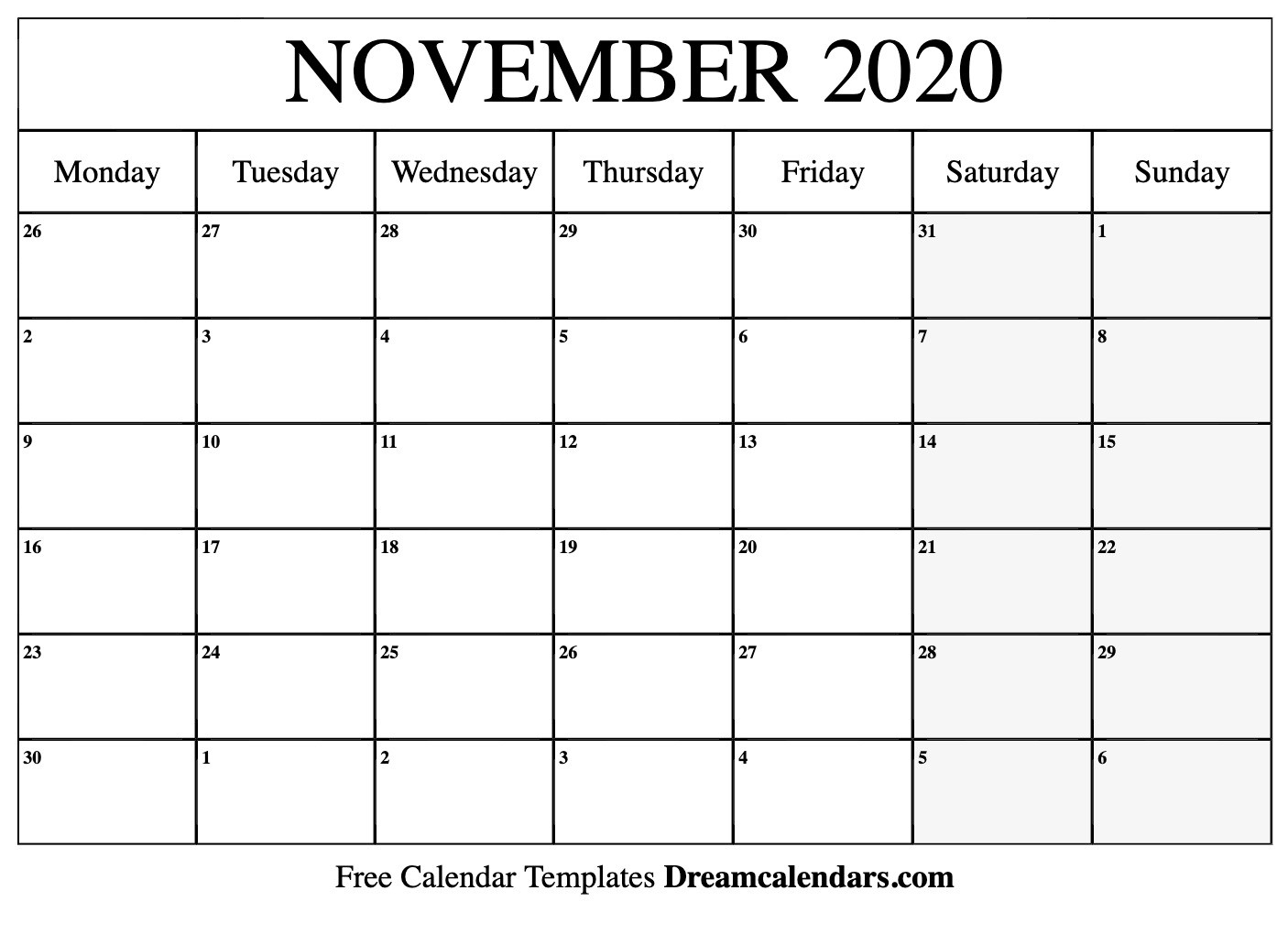 Printable November 2020 Calendar-Printable Monthly Calendar November 2020 Excel