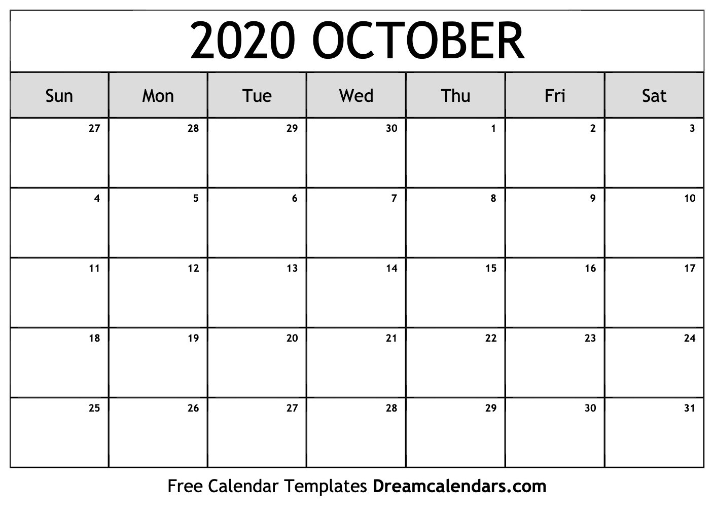 Printable October 2020 Calendar-Blank Calendar October 2020 Printable