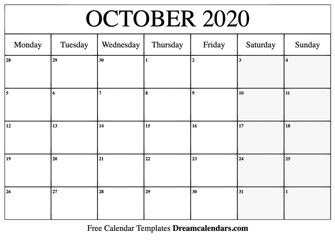 Printable October 2020 Calendar-October 2020 Monthly Calendar Blank Printable