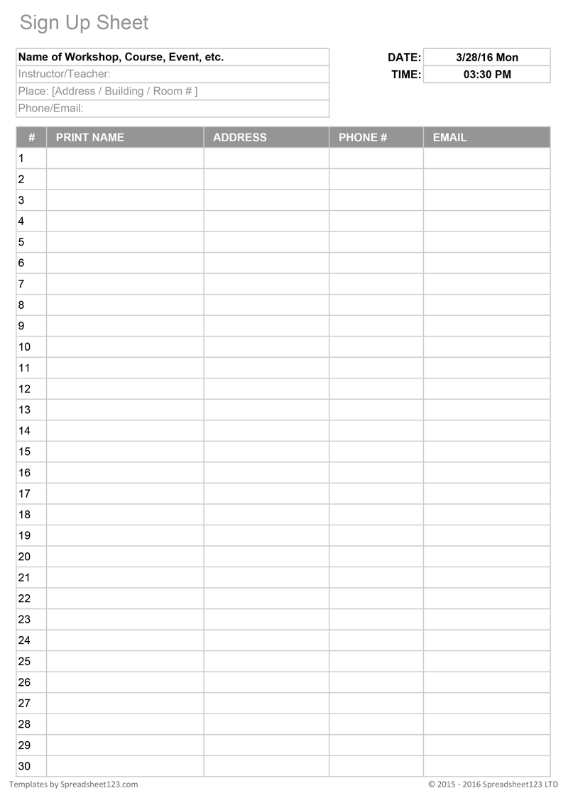 Printable Sign Up Worksheets And Forms For Excel, Word And-Monthly Sign Up Sheet Templates