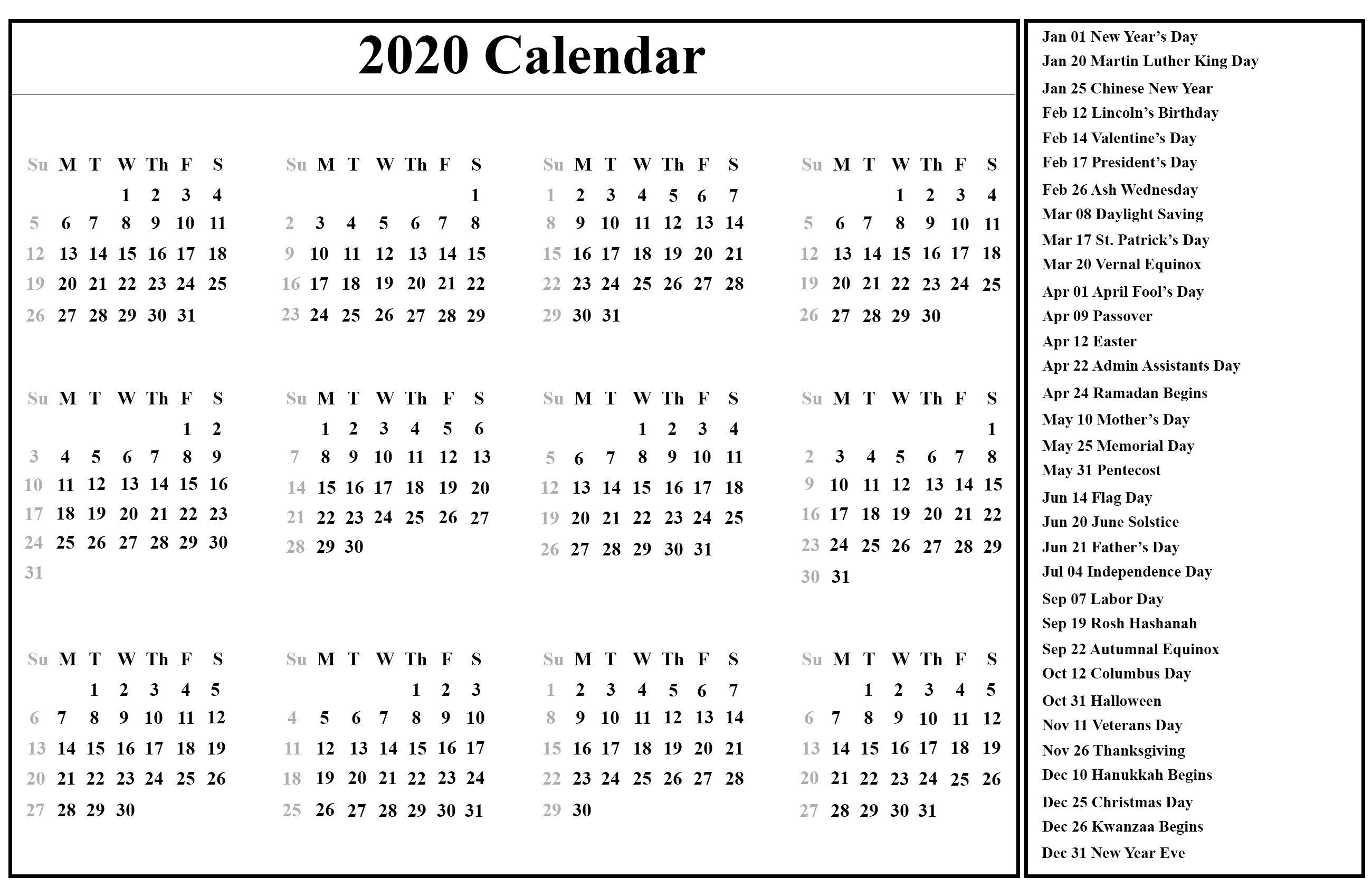 Printable Yearly Calendar 2020 Template With Holidays [Pdf-2020 Calendar With Islamic Holidays