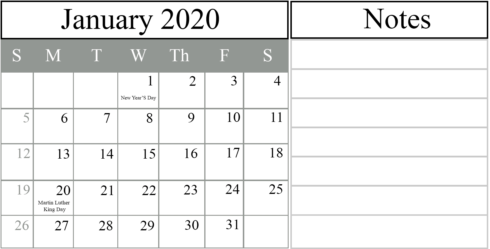 Printable Yearly Calendar 2020 Template With Holidays [Pdf-January 2020 Calendar Hindu