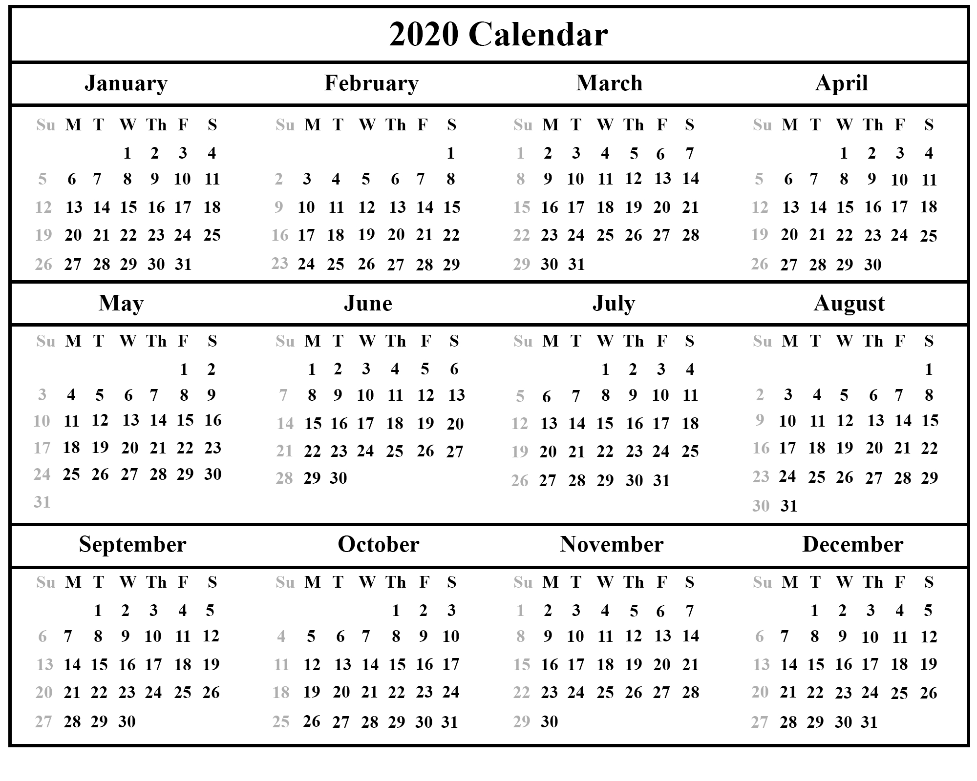 Printable Yearly Calendar 2020 Template With Holidays [Pdf-January 2020 Ka Calendar