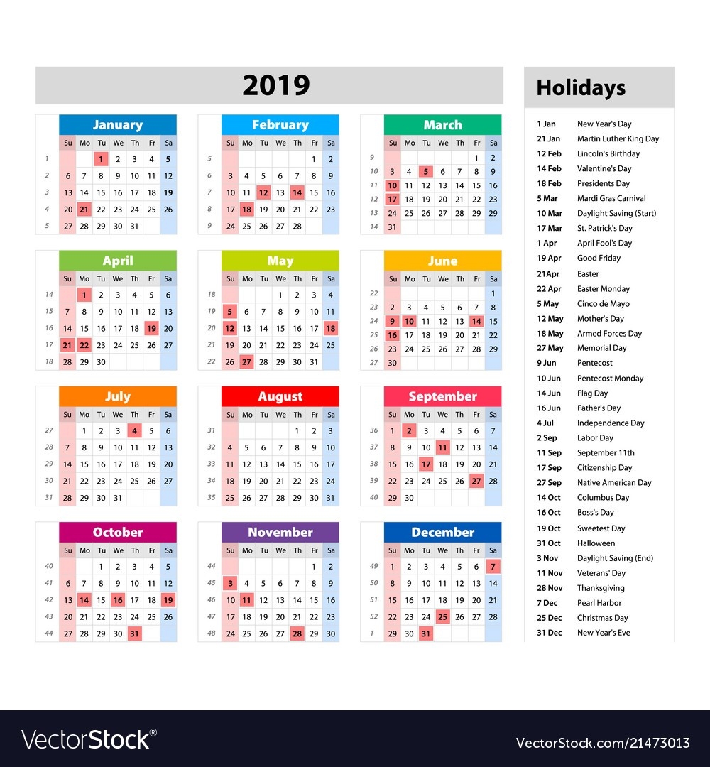 Public Holidays For The Usa Calendar 2019-Calendar With Public Holidays