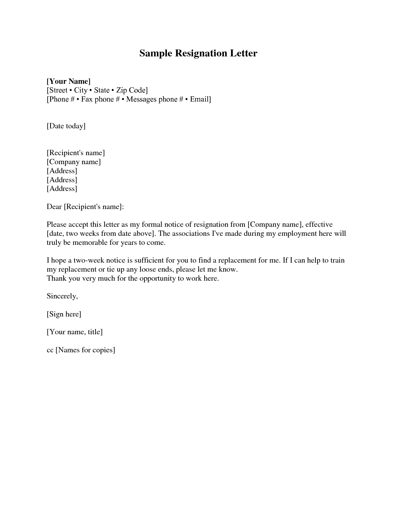 Resignation Letter 2 Weeks Notice Resignation Letter-Template For 2 Weeks