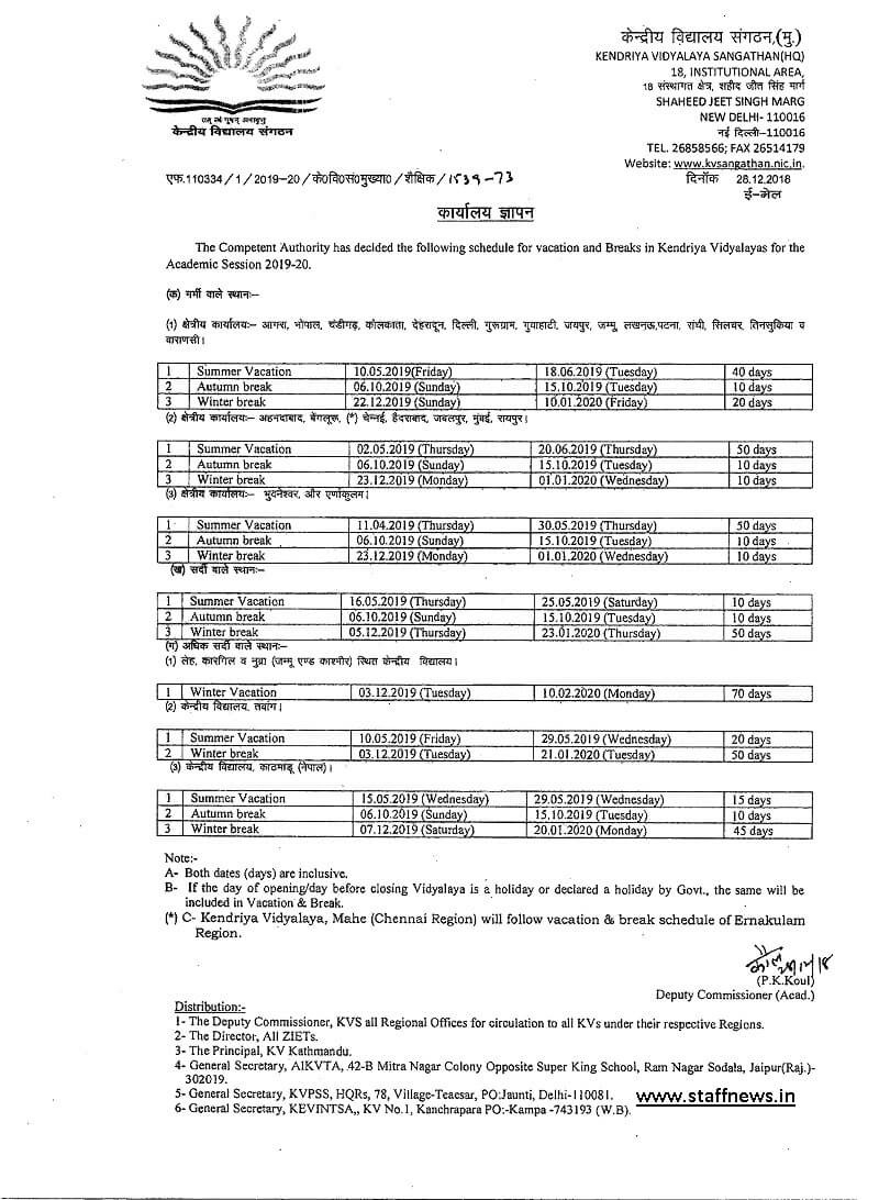 Schedule For Vacation &amp; Breaks In Kvs For The Academic-List Of Holidays2020In Kendrya Vidyalaua