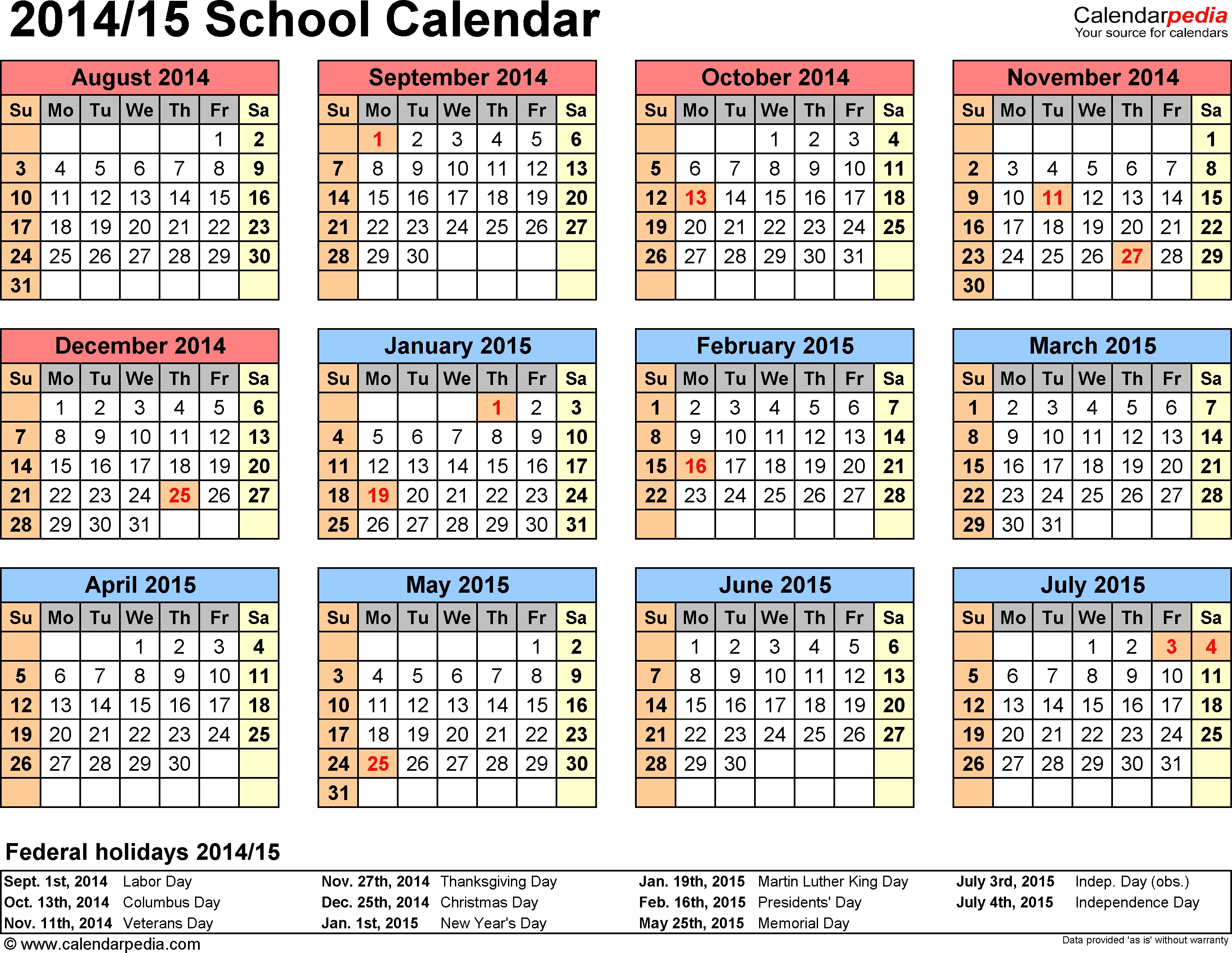 School Calendars 2014/2015 As Free Printable Word Templates-School Calendar Blank At A Glance