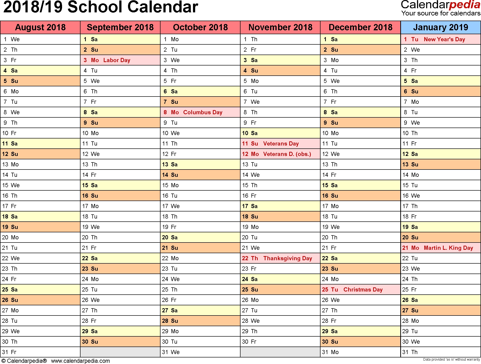 School Calendars 2018/2019 As Free Printable Word Templates-School Calendar Blank At A Glance