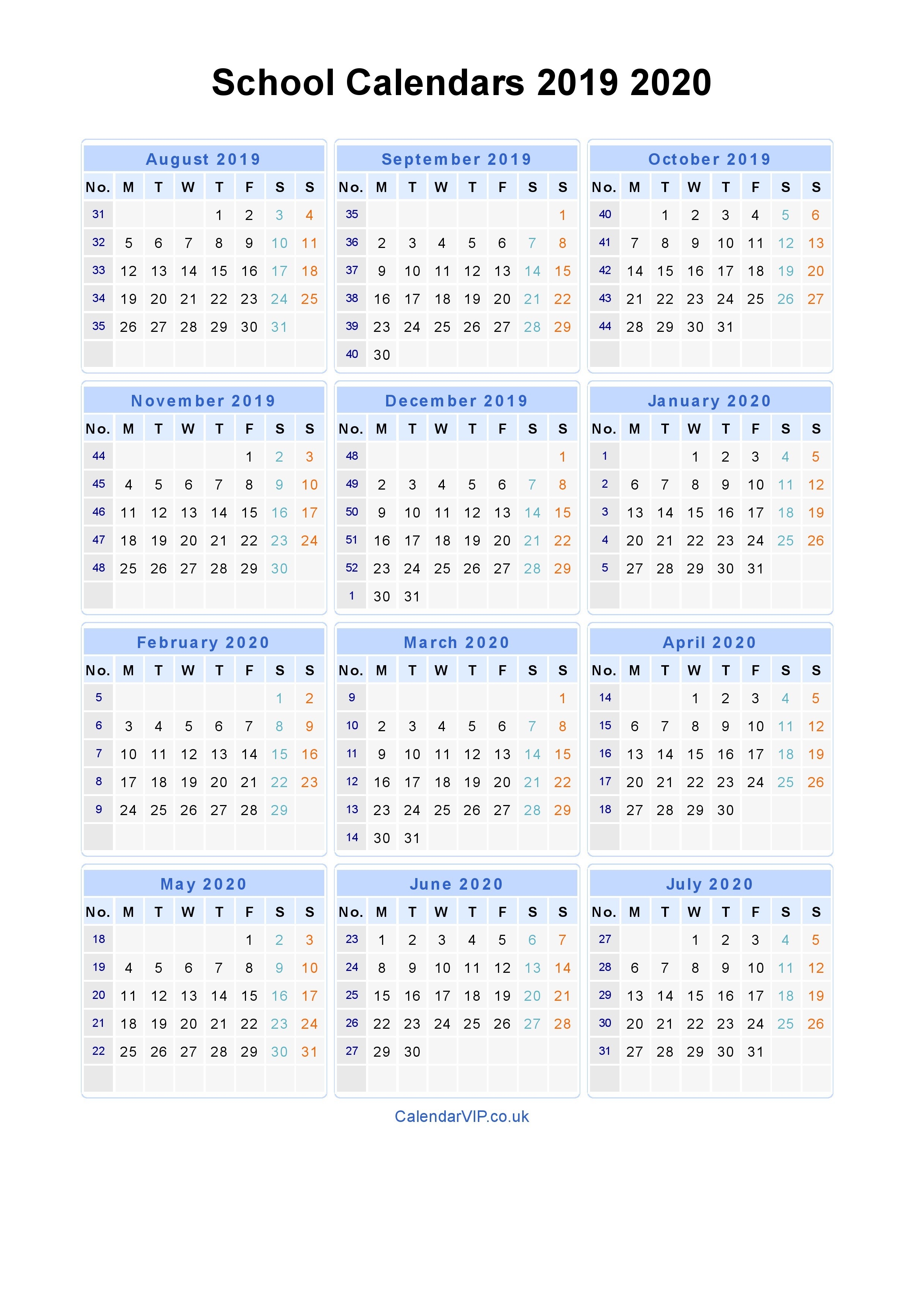 School Calendars 2019 2020 - Calendar From August 2019 To-Blank Printable Calendar 2020 20 School Year