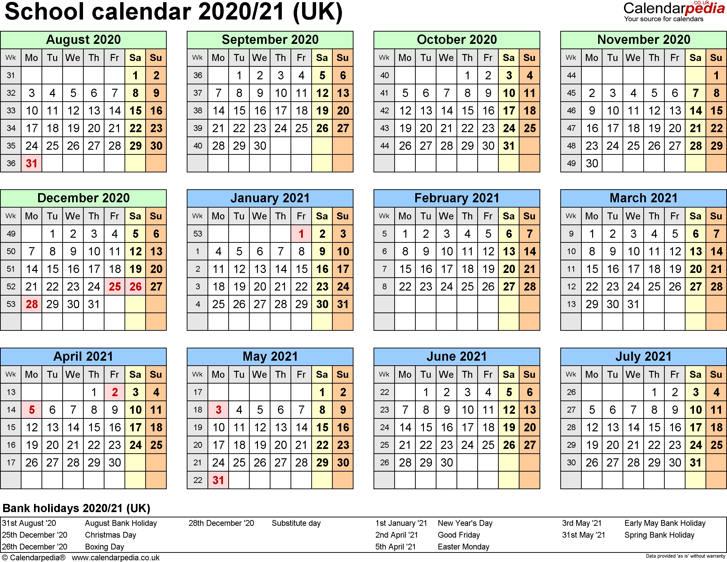 School Calendars 2020/2021 As Free Printable Excel Templates-Calendar 2020 Printable With Bank Holidays