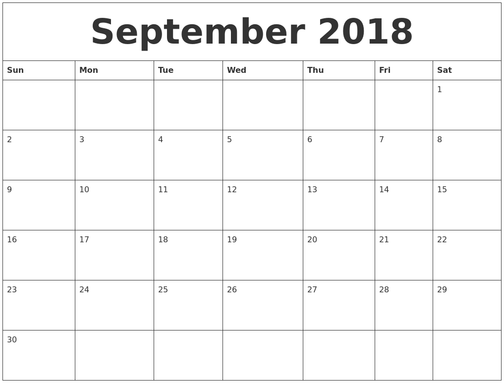 September 2018 Calendar Free Printable | Printable September-Sun - Sat Monthly Calendar