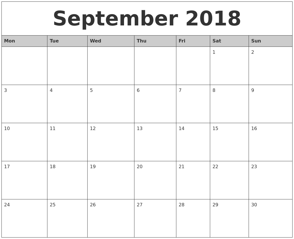 September 2018 Monthly Calendar Printable Monday Start-Blank September Calendar Monday Start