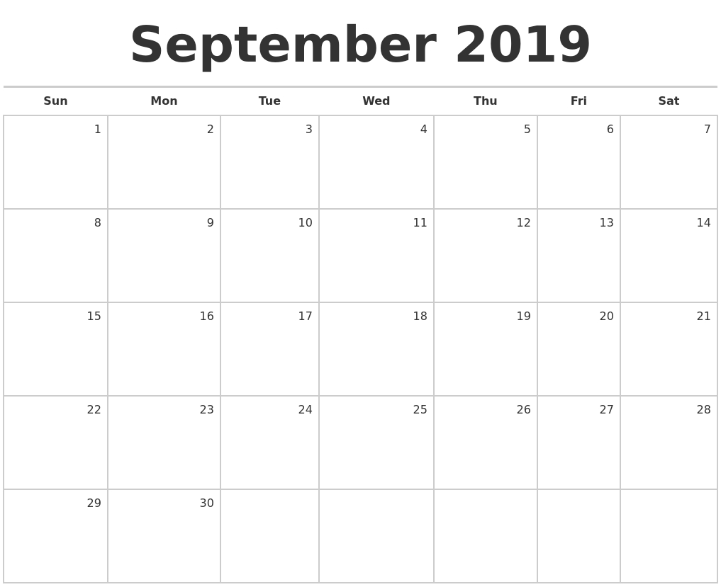 September 2019 Blank Monthly Calendar-Month To Month Blank Calendars