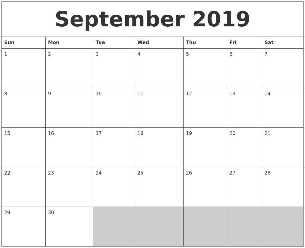 September 2019 Blank Printable Calendar-Print Calender Start Monday Blank