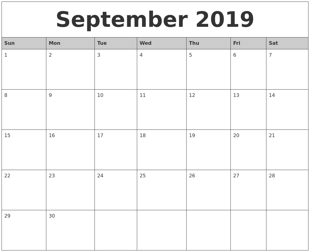 September 2019 Monthly Calendar Printable-Blank Month Caledar Uk