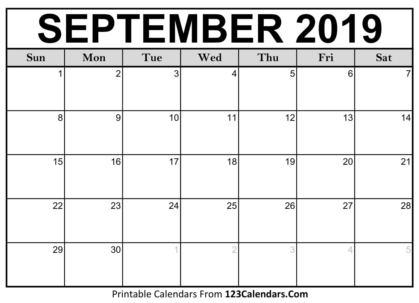 September 2019 Printable Calendar | 123Calendars-Blank Calendar Sep 2020 Thru Dec 2020
