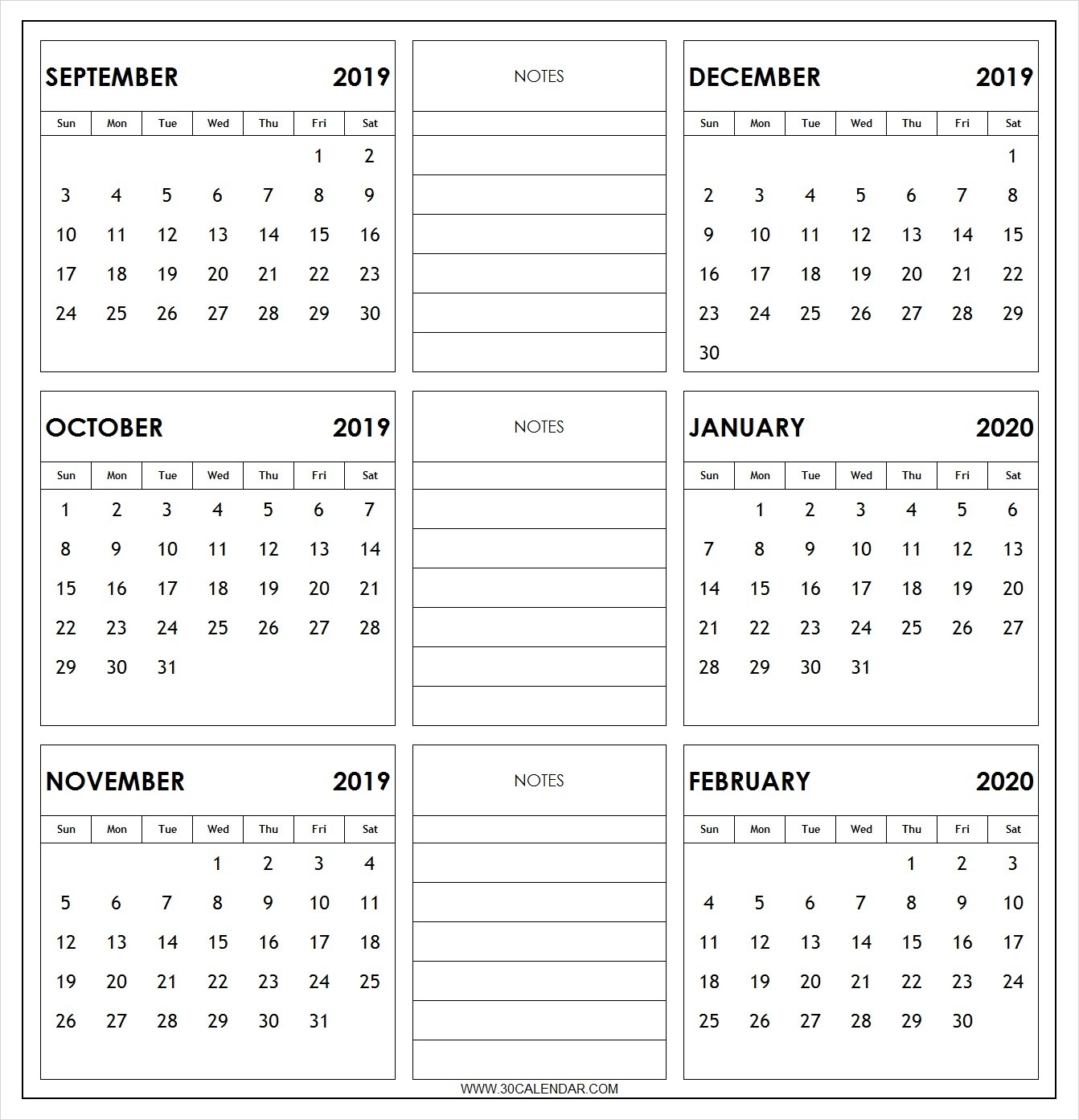 September 2019 To February 2020 Calendar Printable | 6 Month-2020 Six Month Calendar Template