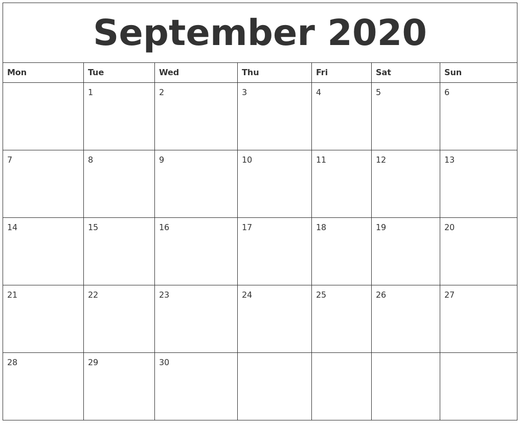 September 2020 Printable Calendar Template-Monday Through Friday September Calendar Template 2020