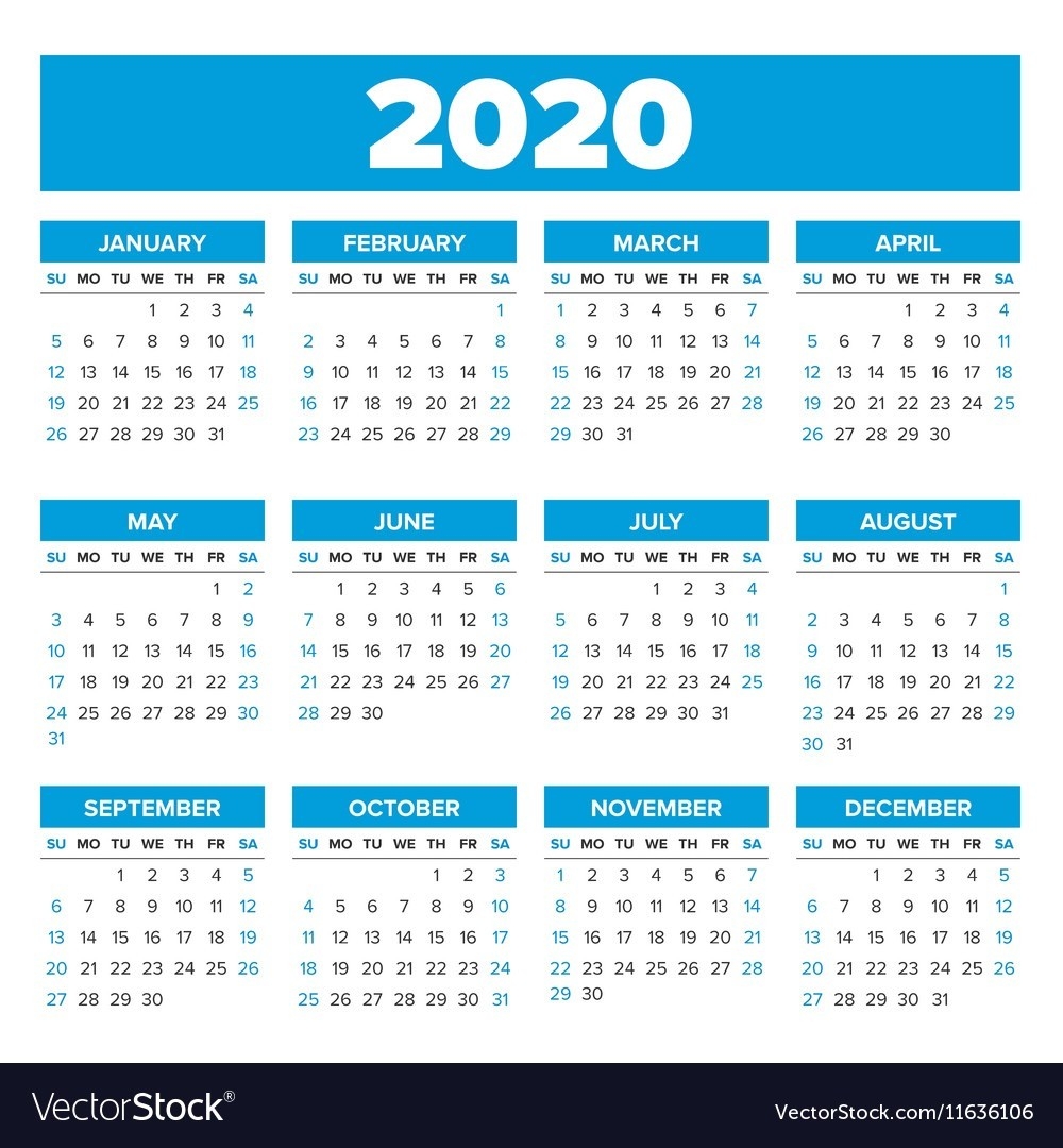 Simple-2020-Year-Calendar-Vector-11636106 - Real Irish Golf-January 2020 Calendar Ireland