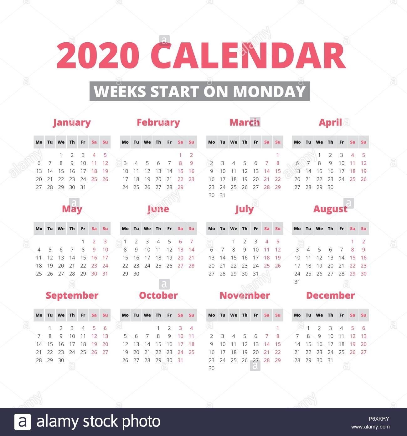 Simple 2020 Year Calendar, Week Starts On Monday Stock-Printable Calendar 2020 Monthly Monday Weekday Start