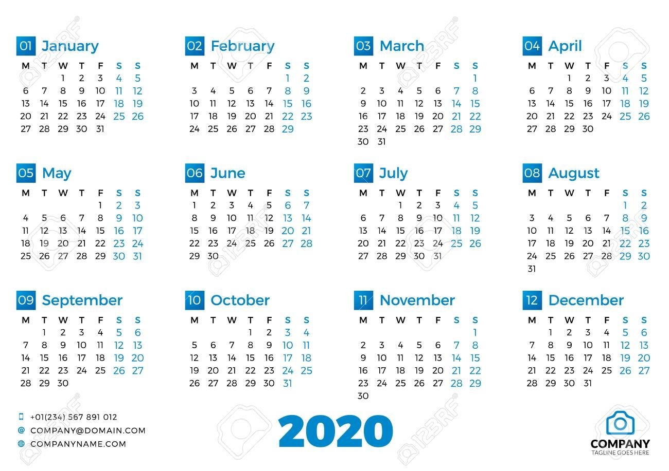 Simple Calendar Template For 2020 Year. Week Starts On Monday-Printable Calendar 2020 Monthly Monday Weekday Start