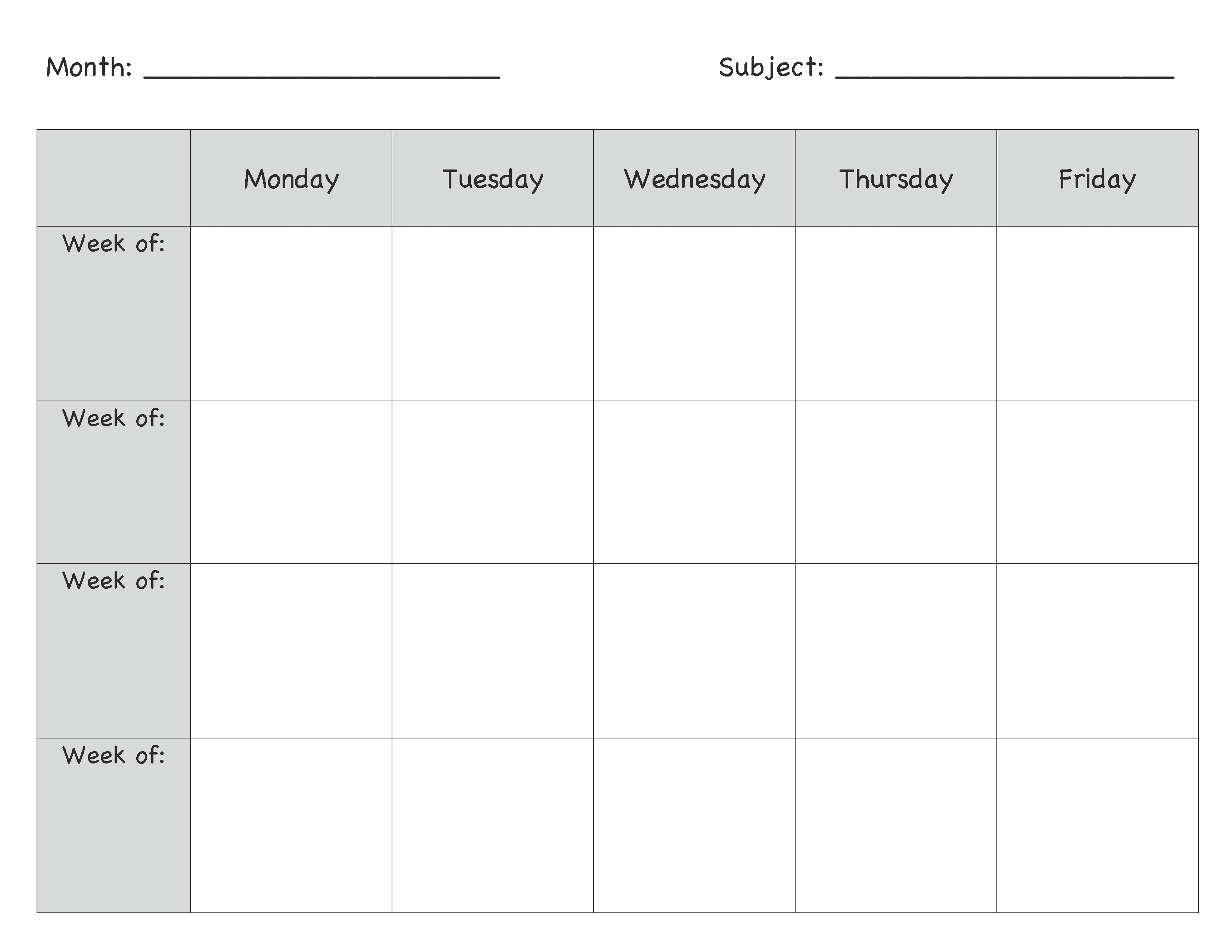 Monday Through Friday Planning Template Calendar Template Printable