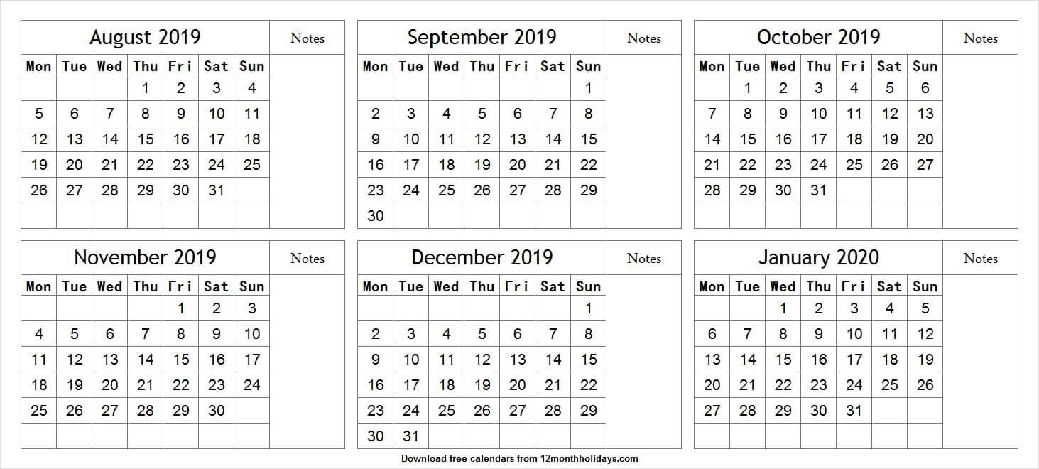 Six Month August 2019 January 2020 Calendar | Cute Calendar-2020 Six Month Calendar Template