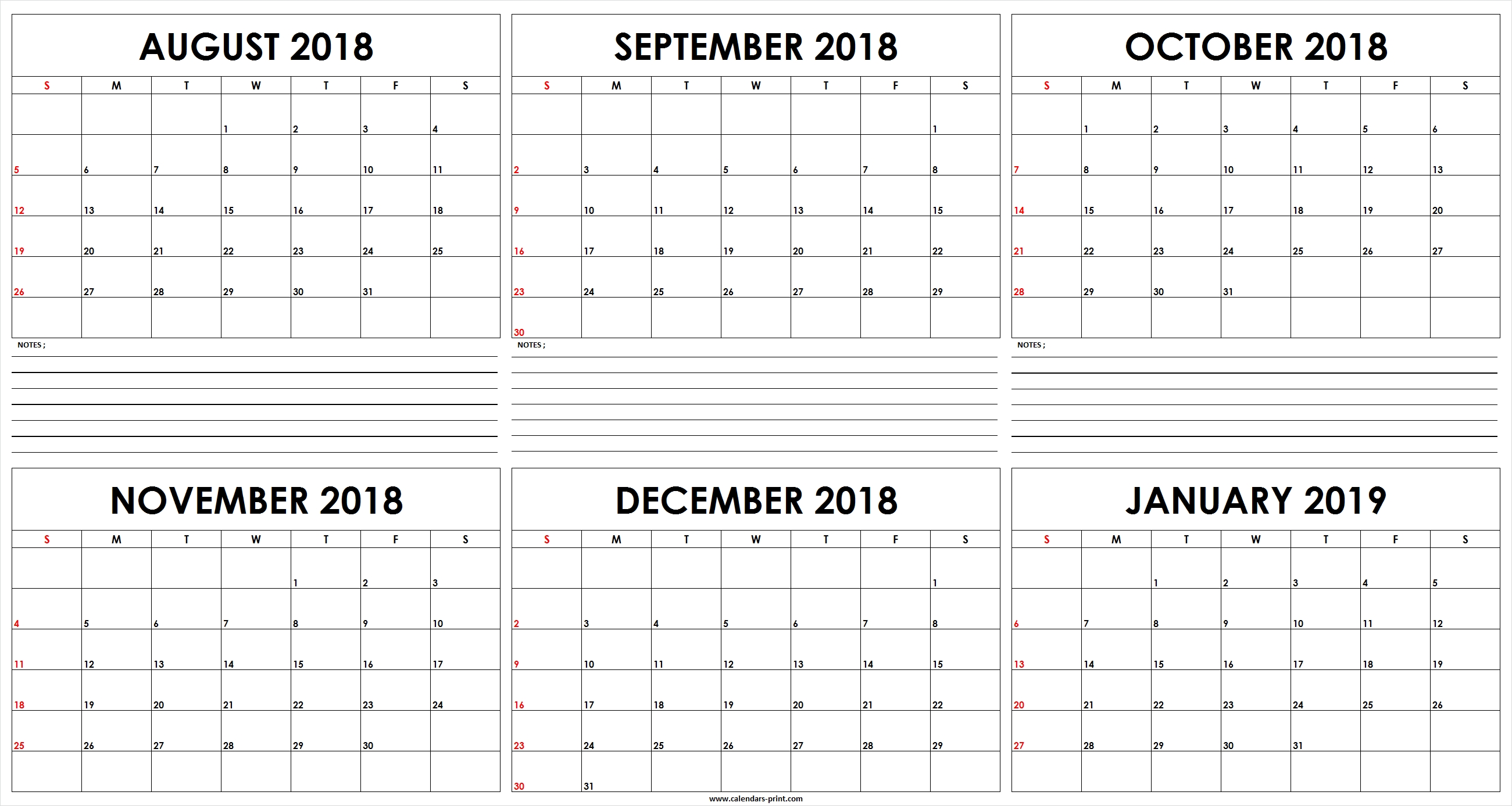 Six Monthly August 2018 To January 2019 Calendar Template-Free Six Month Calendar Template