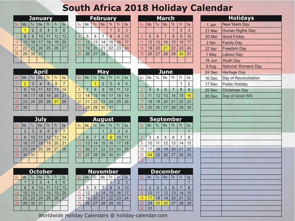 South Africa 2018 Holiday Calendar | Kalender | Holiday-South African Calendar With Public Holidays