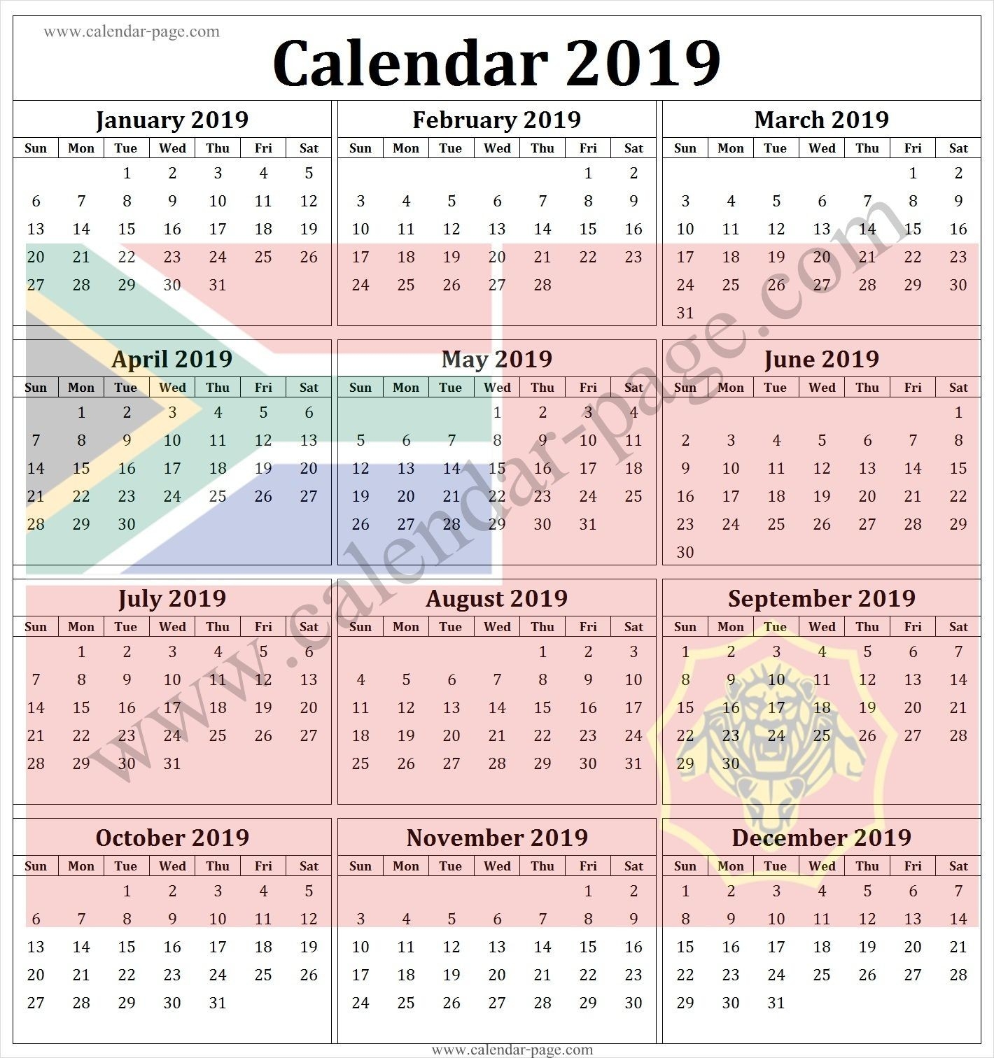 South Africa 2019 Calendar With Public Holidays | Calendar-Holidays In South Africa