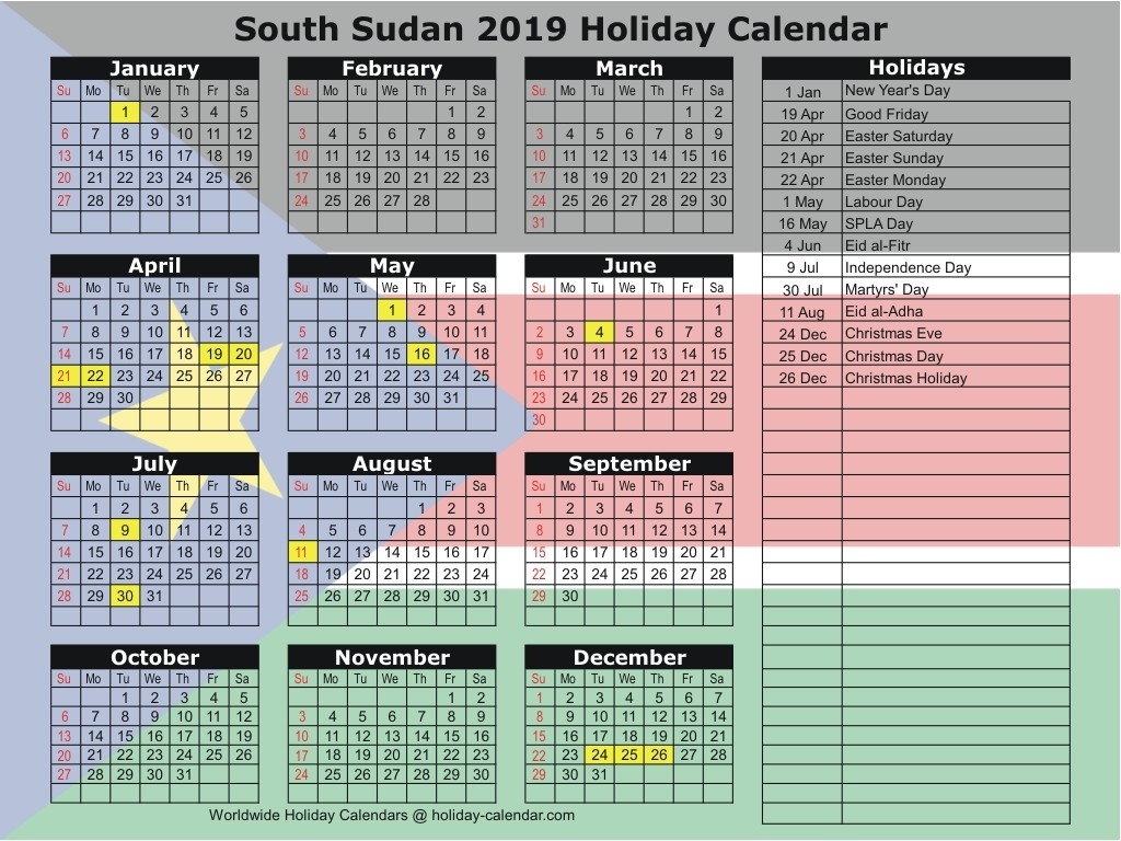 South Sudan 2019 / 2020 Holiday Calendar-Holidays For 2020 South Africa