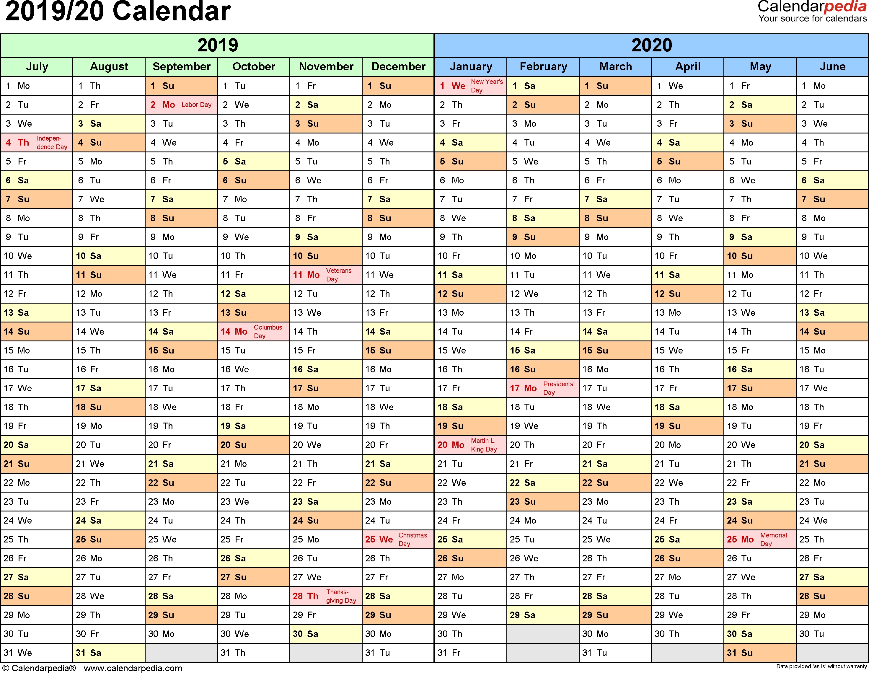 Split Year Calendar 2019/20 (July To June) - Word Templates-6 Month Calendar 2020 July Dec Template